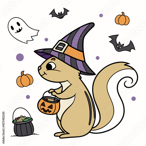 Vector illustration of a Bashful Squirrel with wearing a party hat, styled in a Halloween theme using Spooky Fun colors