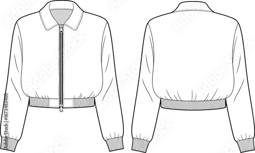 Front and back flat sketch of women's cropped bomber jacket with zipper, ribbed hem and cuffs, technical fashion cad drawing
