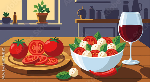 A vibrant illustration of a rustic kitchen table, featuring a fresh Caprese salad with tomatoes, mozzarella, and basil, perfectly paired with a glass of rich red wine.