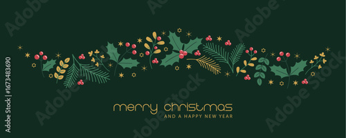 christmas greeting card with floral holly berry wave decoration vector illustration