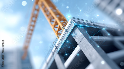 Crane tech at construction site. A crane towers over a building under construction, set against a blue sky with digital tech effects.