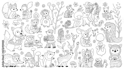 Hand-drawn doodle art of funny cartoon monsters and animals 