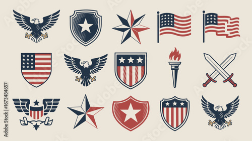 Patriotic badge and emblem set representing American identity 