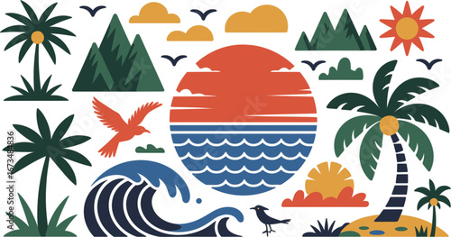 Retro flat design of sunset over ocean with trees and birds 