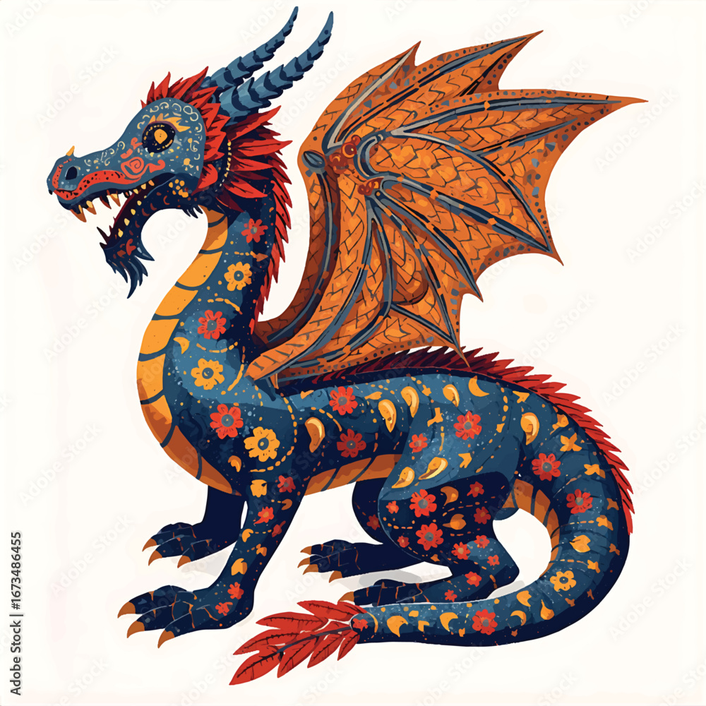 Naklejka premium Vibrant alebrije dragon with talavera inspired patterns