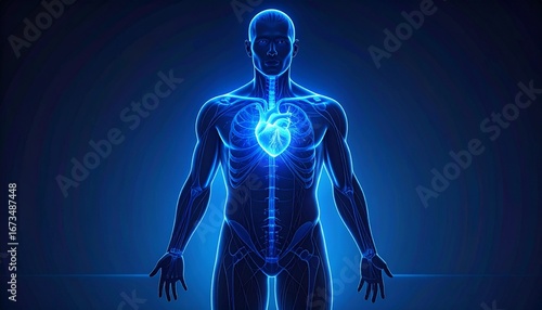Wallpaper Mural A transparent 3D illustration of a human body with a blue-lit circulatory system and heart, showing internal anatomy and futuristic health concepts. Suitable for medical, technology, or other content Torontodigital.ca
