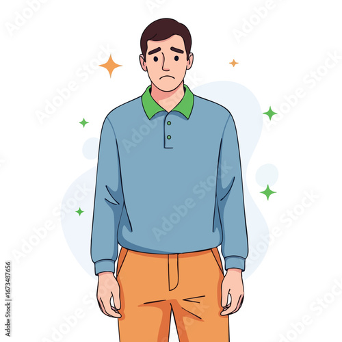 Sad man standing with a worried expression in a casual outfit, showcasing emotional depth and vulnerability in a colorful illustration 