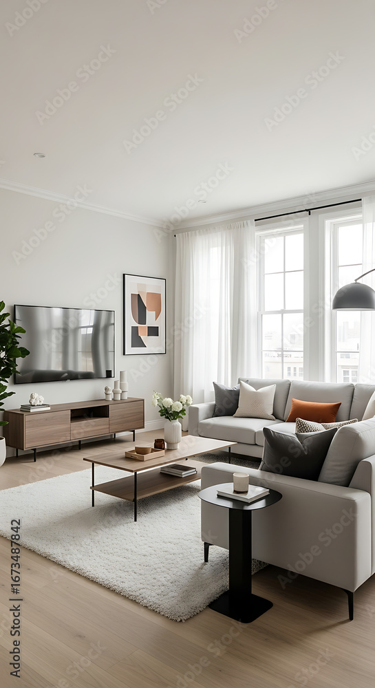 Fototapeta premium Modern living room with a sectional sofa, coffee table, and large tv, bright and airy