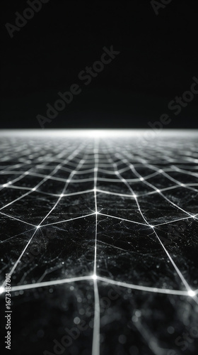 Abstract digital grid with interconnected white lines and nodes against a dark background, creating a futuristic and technological feel.