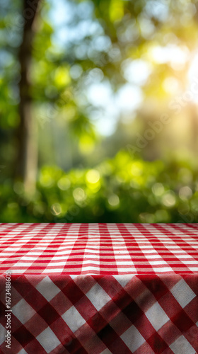 Red and white checkered tablecloth covering a surface, with a blurred green background of trees and sunlight.