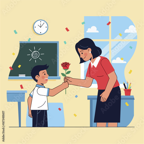 A student presents a red rose to his teacher in a classroom setting with confetti falling.