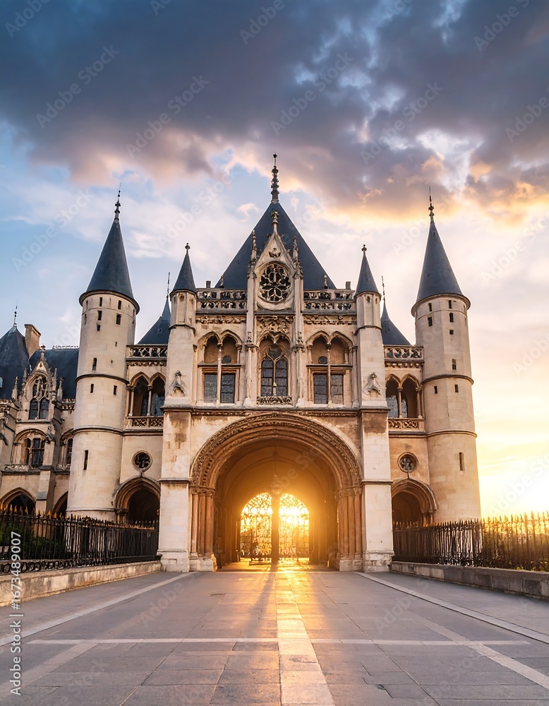 Fototapeta premium Majestic castle entrance at sunset, sunlight streams through arched gateway