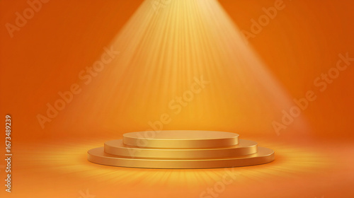 A three-tiered golden platform is illuminated by a bright spotlight against a warm orange background, creating a sense of importance and focus.
