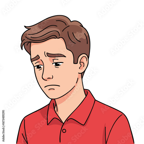 Sad boy illustration featuring a young male character with a worried expression in a red shirt 