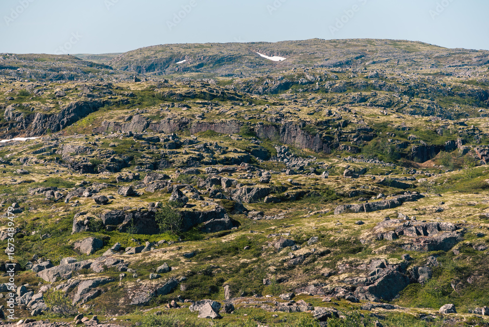 Obraz premium landscape Russian North view in the tundra with a mountain river and a lake in the mountains