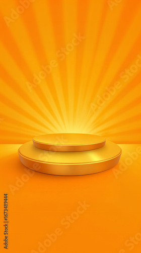A golden two-tiered podium or stage sits against a bright orange background with radiating light beams.