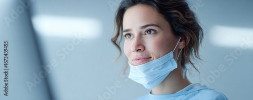 Hopeful woman with lowered mask, looking toward the future. Captures resilience, health, recovery, and the end of restrictions. Ideal for healthcare or lifestyle themes.