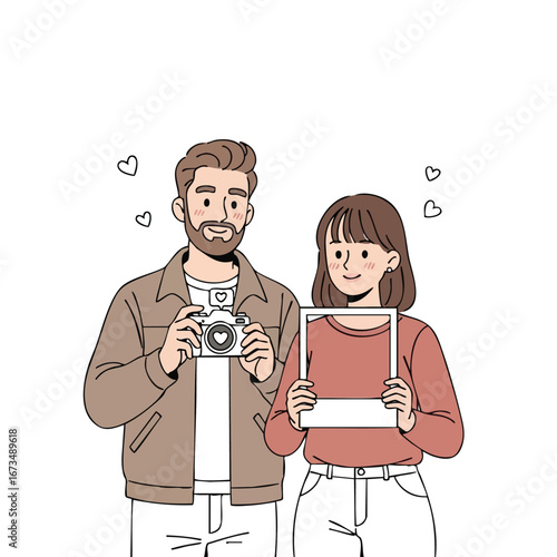 Couple capturing memories with camera and photo frame in playful moment together 