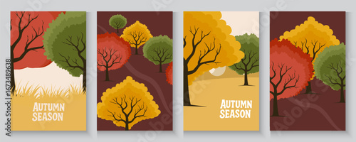 autumn background with beautiful natural scene, Sunny autumn forest, park nature landscape. Thanksgiving and Harvest Day. Leaf fall horizontal banner, poster, card set. forest of vibrant autumn trees.