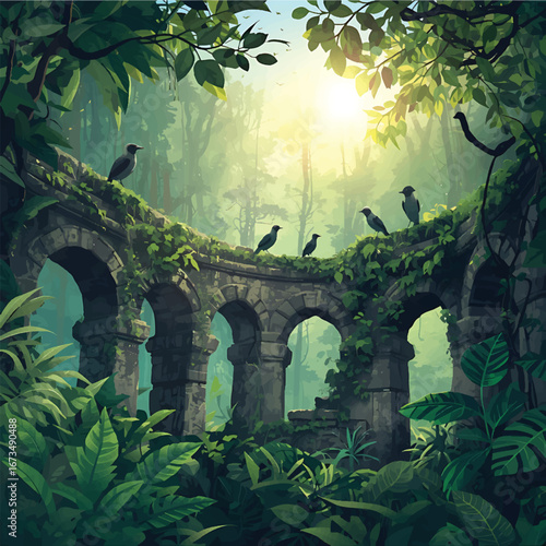Ancient jungle ruins advertising banner