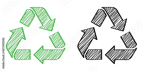 Scribble doodle recycle icon, black and green color. Simple sustainability symbol illustration vector design. 