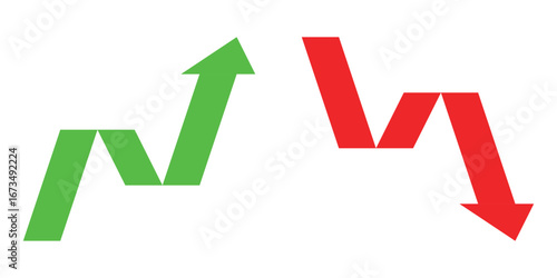 Graph going up and down sign with red and green arrows vector design set, represents increase and decrease, growth and decline.