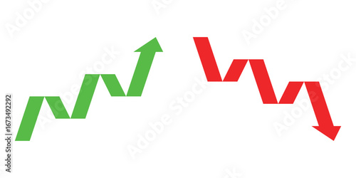 Symbol of graph going Up and Down sign with green and red arrows vector design set, represents increase and decrease, growth and decline. 
