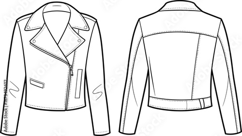 Flat vector fashion CAD of women’s cropped biker leather jacket with wide lapel collar, front zipper, and back belt detail