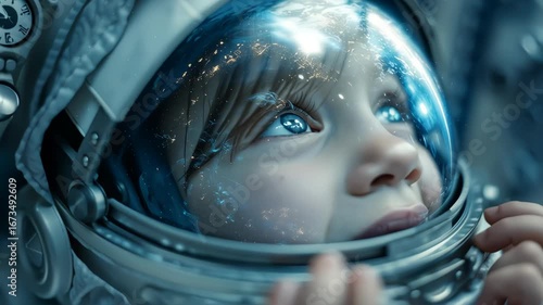 Portrait of a cute boy with big eyes happily looking at planet earth wearing a spacesuit helmet and looking through the glass from outer space. A teenager studies space. Spaceship simulator