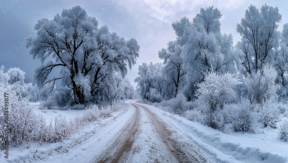 Fototapeta premium Snowy winter road through frosted trees