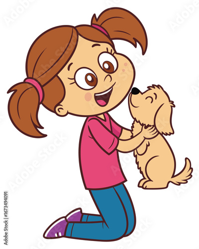 Cartoon of a brown‑haired child in pigtails, pink shirt, blue pants, and purple shoes, kneeling and smiling while holding a small light‑brown dog that looks up happily.