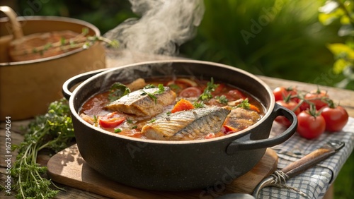 Close up view of brudet stew simmering in a pot with herbs and tomatoes on a rustic outdoor table