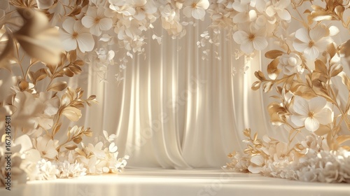 Elegant floral backdrop, soft cream curtains, golden flowers, sunlight, empty stage