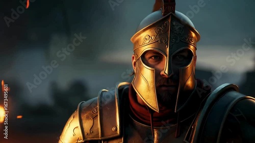 Epic ancient warrior prepares for battle amidst fiery sparks and smoky atmosphere, exuding strength and determination.