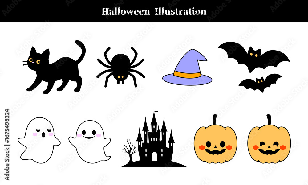 Fototapeta premium ハロウィン・かぼちゃ・ゴースト・おばけ・黒猫・こうもり・蜘蛛・お城・シルエット・魔女帽子、イラスト・アイコン
