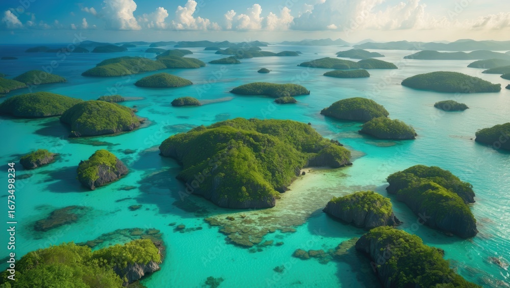 Naklejka premium Lush islands in turquoise waters with dense green foliage, aerial view, tropical landscape, nature scenery, island formation, ocean, and water bodies