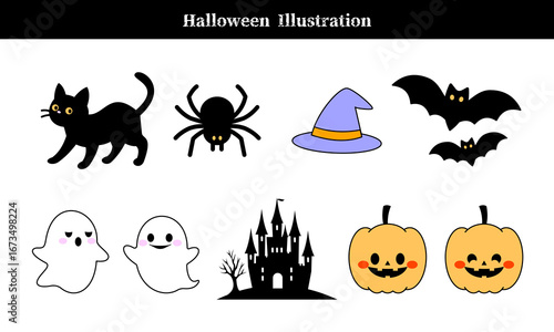 ハロウィン・かぼちゃ・ゴースト・おばけ・黒猫・こうもり・蜘蛛・お城・シルエット・魔女帽子、イラスト・アイコン