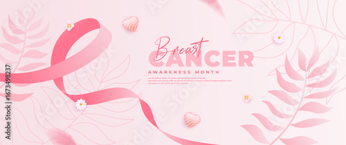Breast cancer awareness month banner with pink ribbon element