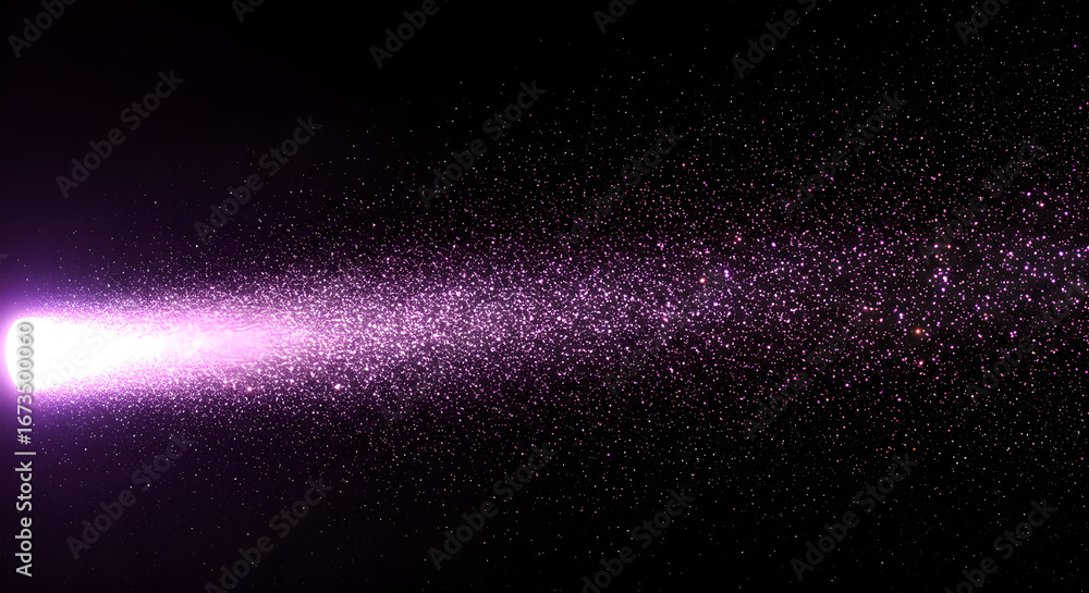 Obraz premium Bright purple light beam with glitter particle effect shining against a dark background. Abstract sparkle pattern for celebration design.