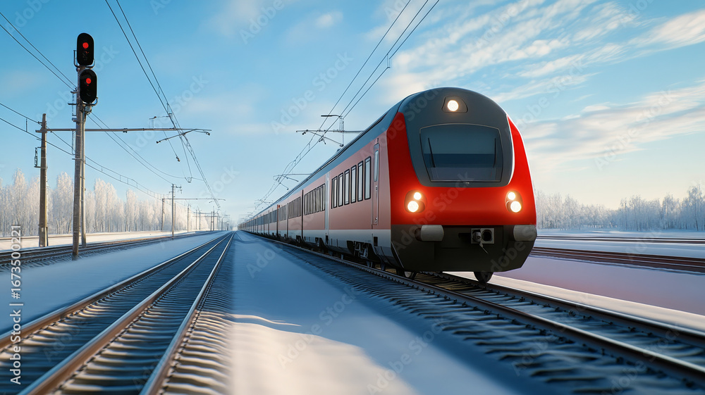 Naklejka premium Modern passenger train, winter landscape, snow, railway, blue sky, travel, transportation