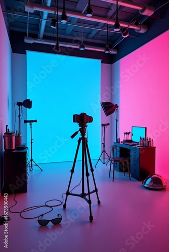 Photography studio setup with camera and lights tripod