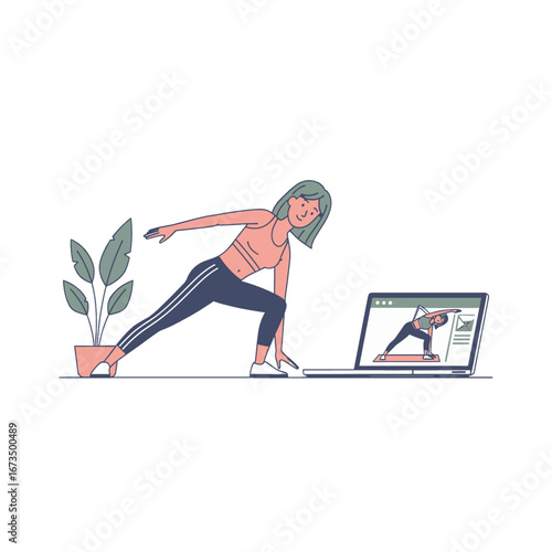 Woman Practicing Yoga with Online Class on Laptop at Home with Plant and White Background in Digital Illustration Style