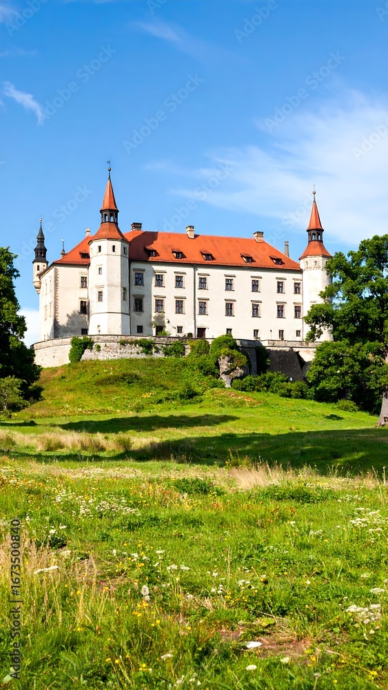 Obraz premium Castle on a hilltop in lush green landscape