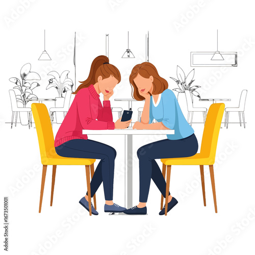 Two Women in Casual Outfits Chatting and Using Smartphone at a Table with Yellow Chairs in Cafe Flat Vector Style