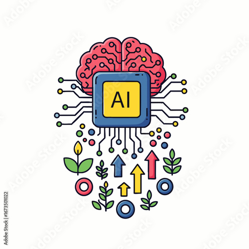 This conceptual illustration beautifully visualizes the intricate connection between human intellect and artificial intelligence, driving innovation and future growth.