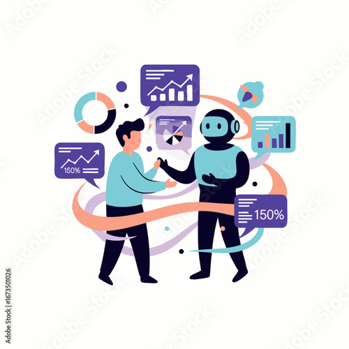 A human and a robot collaborate, analyzing data and discussing business strategies, representing the integration of artificial intelligence into modern corporate environments.