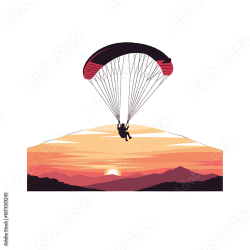 Pixel Art of a Paraglider at Sunset Above Mountain Range with a Red and Black Parachute Overlooking Orange Sky