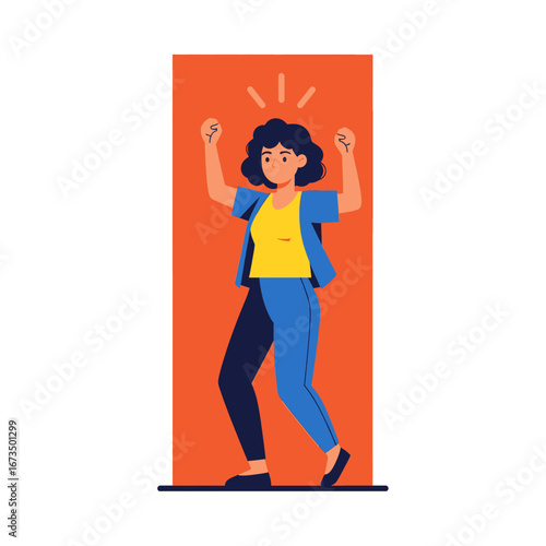 Cheerful Woman with Raised Arms Celebrates Success Against an Orange Background Illustration