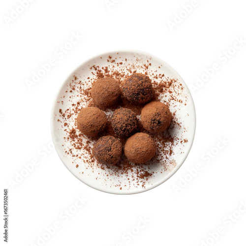 Gourmet Chocolate Truffles on White Plate, Top View