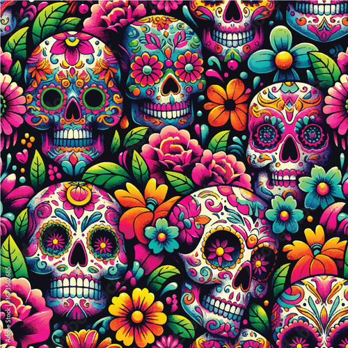 Day of the Dead Sugar Skulls and Flowers — Colorful Seamless Pattern Vector